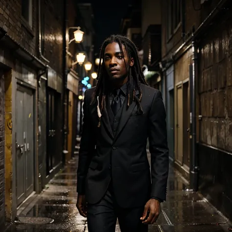 Black man, black suit, alleyway, night, raining, dreads, ultra-detailed