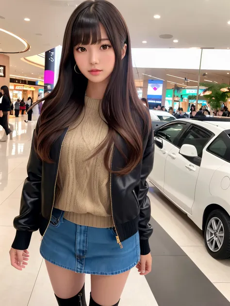 Product quality, 1girl in, FULL BODYSHOT, Front view, a Japanese young pretty woman, Long bob hair, lively shopping mall、jaket、turtle necked sweater、a miniskirt、long boots、Glamorous figure, hyper cute face, Glossy lips, Double eyelids in both eyes, Natural...