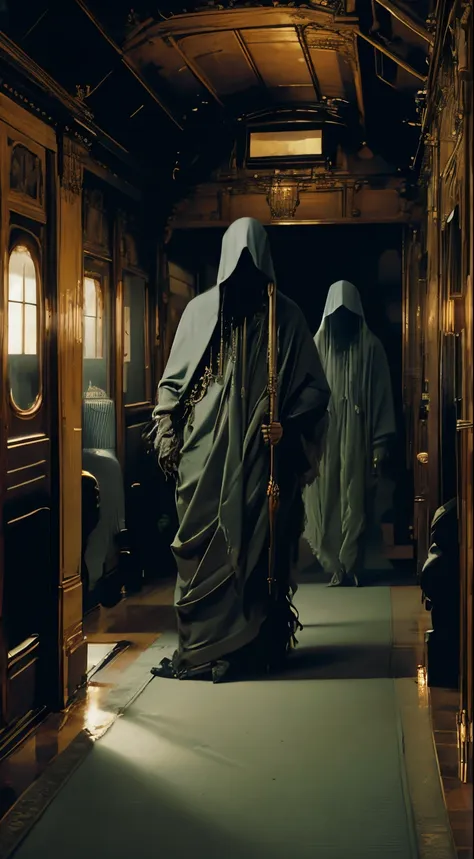 the interior of a lavish train car with red carpet, populated by hooded ghosts.  some look like caterpillars.