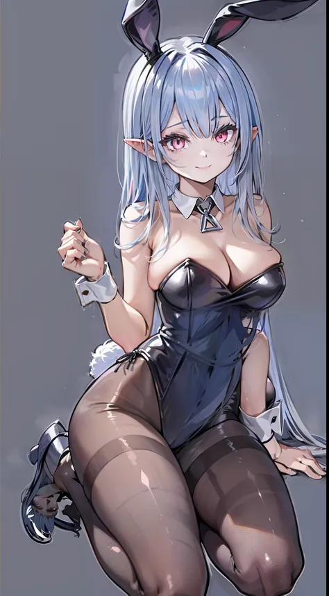 1girl, animal ears, bangs, bare shoulders, black choker, black leotard, black pantyhose, breasts, choker, cleavage, cross, eyes visible through hair, fake animal ears, fake tail, full body, grey background, grey hair,  hair between eyes, kneeling, large br...