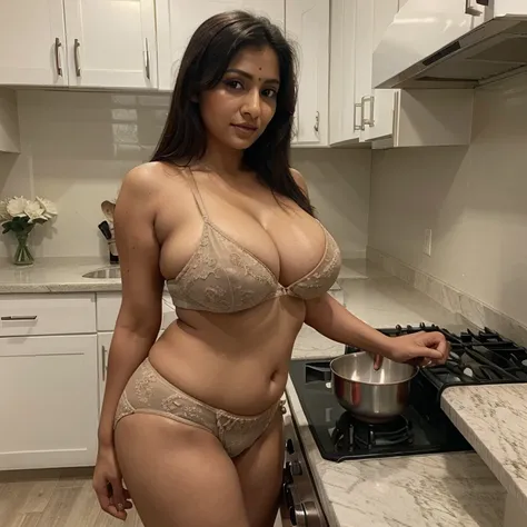 There is a beautiful south Asian mom wearing underwear,kitchen background,busty,children