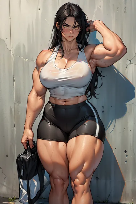 ((((((1girl)))))) (((((muscular))))) ((thick thighs huge breasts)) black hair yellow eyes solo angry pale skin sweaty concrete wall very long hair (tank top bike shorts) curvy wide hips bodybuilder