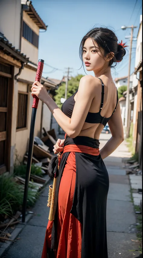 Uma mulher jovem, Guerreira, Usando um kimono sensual, em posse de luta samurai, utilizando uma katana, Corpo magro, busto feminino grande, cabelos longos, Scenery of a destroyed medieval city, right arm and a red dragon arm, pupilas de gato,