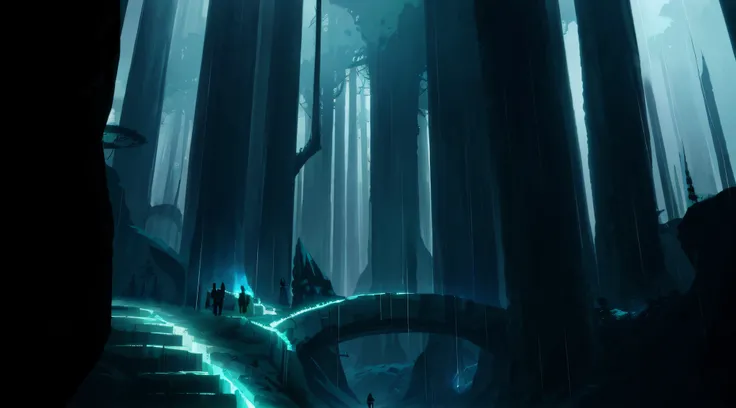 there is a man standing in a dark forest, dramatic lighting. concept art, pristine concept art, concept art stunning atmosphere, environment concept art, futuristic landscape, futuristic valley, stylized concept art, alien forest in background, indie game ...