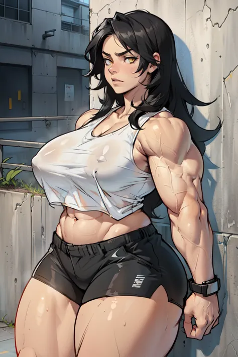 ((((((1girl)))))) (((((muscular))))) ((thick thighs huge breasts)) black hair yellow eyes solo angry pale skin sweaty concrete wall very long hair (tank top bike shorts) curvy wide hips bodybuilder