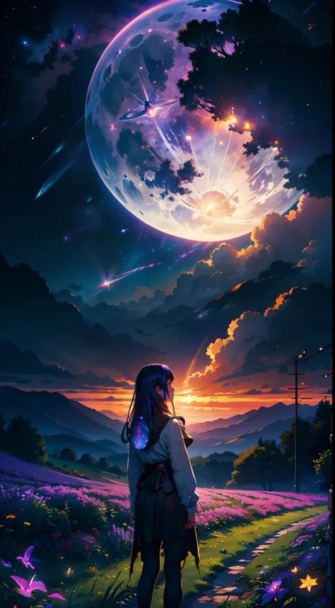 expansive landscape photograph , (a view from below that shows sky above and open field below), a girl standing on flower field looking up, (full moon:1.2), ( shooting stars:0.9), (nebula:1.3), distant mountain, tree BREAK
production art, (warm light sourc...