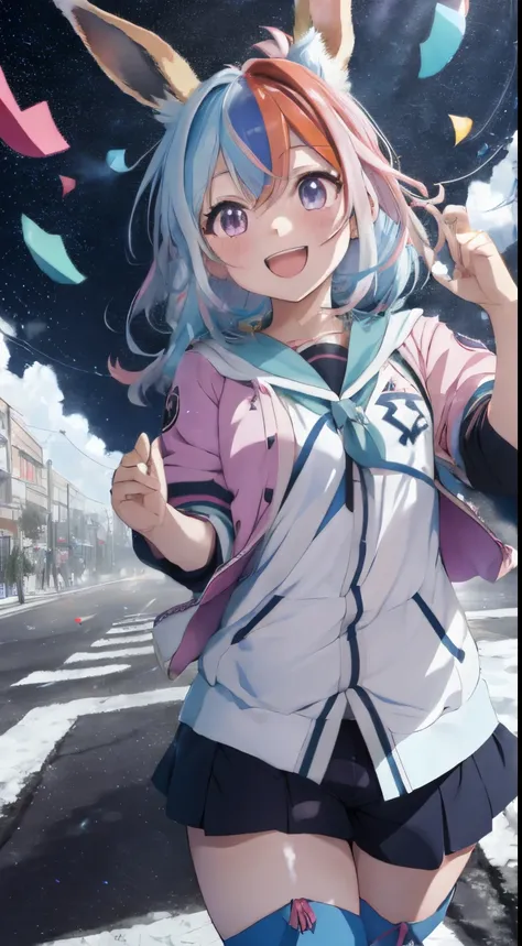 A sparkling sky with reflected light,Colorful confetti,Let&#39;s liven up the festive mood with Kusudama and Hanafubuki,fluffy hair,rainbow-colored hair,shorts and short sleeve jacket,Do Guts Pose,Happy with a big smile,rejoice exaggeratedly,long-sleeve,lo...