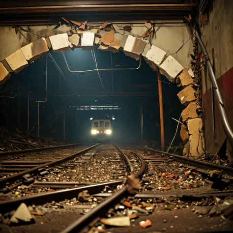 masterpiece, 8k, 
best quality, ultra detailed, 
rusty crowded train from outside in los angeles, apocalyptic color palette, photorealistic, neon ambianceblood stains, building crumbling, 
high definition, depth of field, bokeh, rubble, wild vegetation,