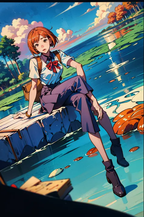 (Best Quality, High resolution, masutepiece :1.3), Pretty women,
Against the background of orangey sunset sky、Clouds and sun sink into the ocean, Beautiful schoolgirl in uniform sitting. Showing pants.Her hair is light brown, And its medium bob style. She ...