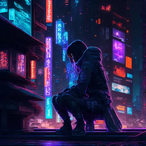 Kusanagi, ghost in the shell sitting on edge of building backdrop neon signs high quality