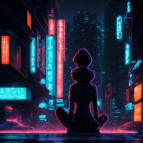 Kusanagi, ghost in the shell sitting on edge of building backdrop neon signs high quality