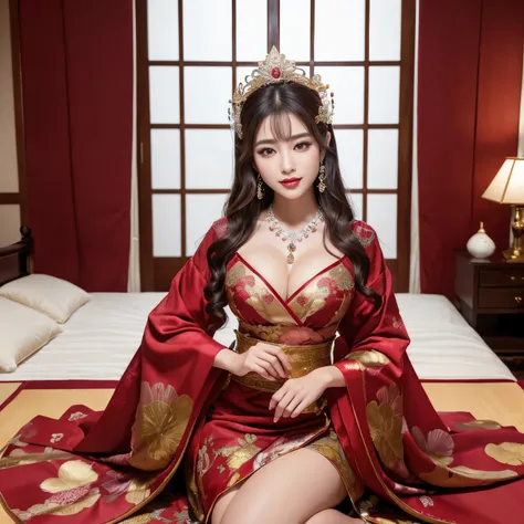 ((top-quality、masutepiece、8K、Top image quality、Very complex and detailed details))、1 princess、 One Princess、Oiran costume、Luxury and gorgeous long-sleeved kimono、Luxurious hair ornaments、Perfect makeup、perfect princess hairstyle、applying white powder、red l...