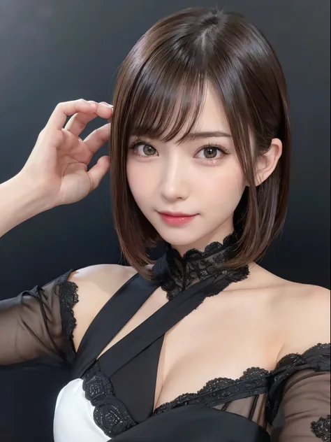 (Raw photography:1.2)、top-quality、a beautiful detailed girl、Black Gothic Dress、Villains smile、brown short-haired、extremely detailed eye and face、beatiful detailed eyes、hight resolution、8k wallpaper、finely detail、Highly detailed ticker uniform 8K wallpaper、...