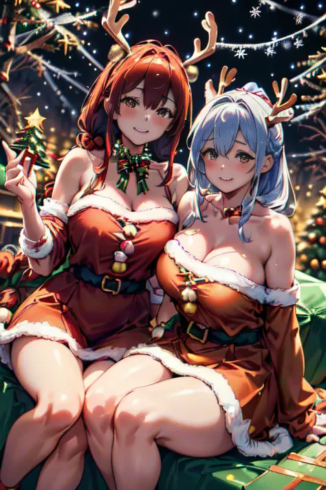 (((Gorgeous Christmas illuminations on street trees:1.3))),christmas tree night lighting,(((Wallpaper of two women enjoying Santa Claus cosplay and cute reindeer cosplay:1.3))),a miniskirt,(The white part of the costume looks like fluffy snow,The red part ...