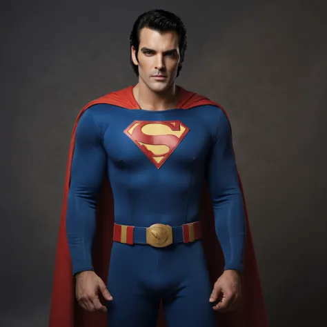 Full Body portrait, 33-year-old Paul Stanley/Elvis Presley/Tom Selleck/Henry Cavill/Keanu Reeves/Dolph Lundgren/Tyler Hoechlin/Jon Bernthal hybrid as Mr. Majestic, extra short, buzz-cut hair, bright blue eyes, wearing a blue Superhero suit with an "M" on t...