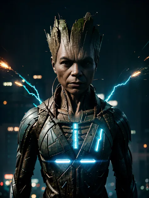 gloomy portrait of Groot from Marvel, extremely detailed, futuristic cityscape, nighttime, glowing neon lights, smoke, sparks, metal shavings, flying debris, blue energy effects, volumetric light