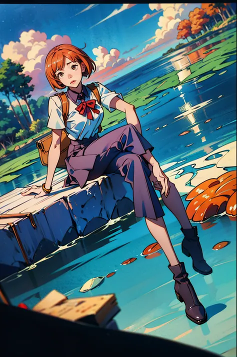 (Best Quality, High resolution, masutepiece :1.3), Pretty women,
Against the background of orangey sunset sky、Clouds and sun sink into the ocean, Beautiful schoolgirl in uniform sitting. Showing pants.Her hair is light brown, And its medium bob style. She ...