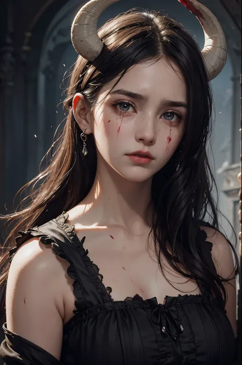 realistic epic, Woman crying with (goat horns 1. 2), sad look, deeply sad facial expression, red and swollen eyes, furrowed eyebrows, red nose, wet cheek, half-open mouth (blood tears 1. 2), (bloodstains on face 1. 4), (dark shot: 1. 4), black hair, beauti...