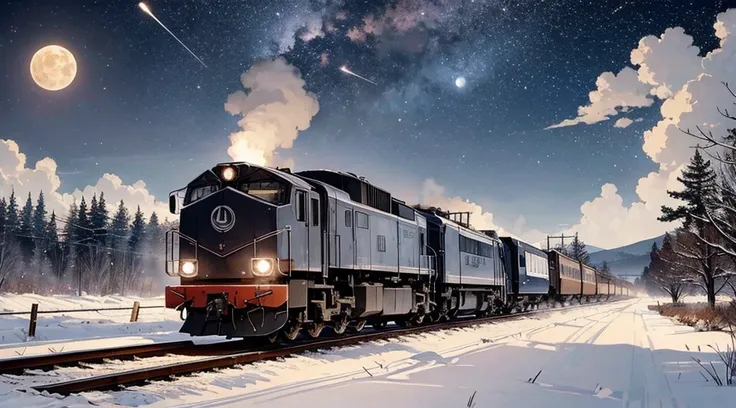 In a Japanese countryside, a locomotive is emitting smoke from its center, with its headlights shining brightly in the dim light. The scene resembles a movie set, with beautiful gibbous moon hanging high in the sky, illuminating the clouds below. On a near...