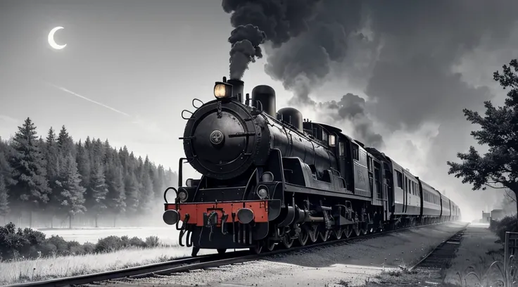 In the countryside of Japan, a locomotive emerges from the center, emitting smoke. The headlights of the locomotive shine brightly in the gloomy light. The scene resembles a movie set. A beautiful crescent moon hangs high in the sky, illuminating the cloud...