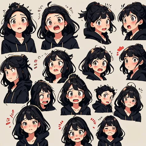 nine image of cartoon female characters showing their facial expressions and eyes in nine different ways, emotional expressions:...