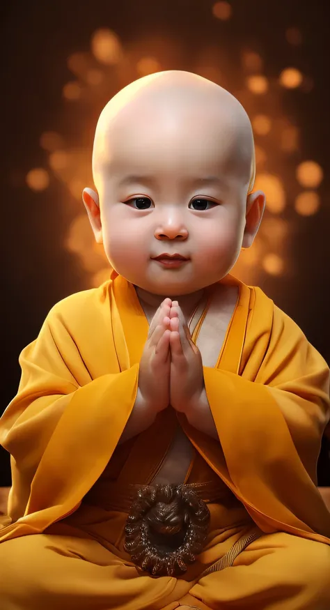 Arafad baby in yellow robe sitting on wooden floor, Buddhists, monk, Monks robes, lovely digital painting, blessing hand, Monks meditate, portrait of monk, Monk meditates, buddhist monk, buddhism, Close-up portrait shoot, window shutters, Beautiful golden ...