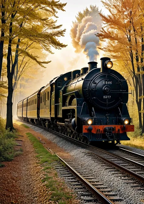 A train is traveling along the tracks in a forest. The train is a steam train with a vintage look. In the background, there are more trains and steam trains. The artist is Étienne Delacroix. The railway is surrounded by yellowing leaves falling from the tr...