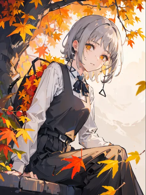 (top quality, best quality:1.2),(1girl:1.3), gray hair, autumn, yellow and orange leaves