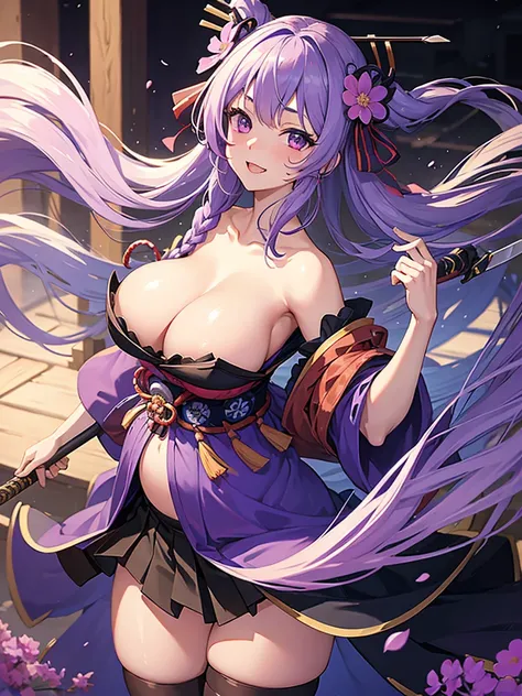 masterpiece,shogun, 1girl, solo, long hair, looking at viewer, hair ornament, thighhighs,ribbon, holding, cleavage, purple eyes, weapon, purple hair, braid, flower, sword, holding weapon, mole, blurry, sash, mole under eye, holding sword, stairs, purple fl...