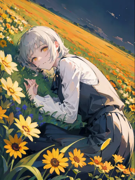 (top quality, best quality:1.2),(1girl:1.3), gray hair, yellw flower field, laying