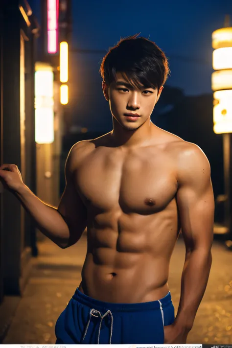 a sexy Japanese male lifegouard in their 20s, High-res, masterpiece, best qualtiy, Head:1.3,((Hasselblad photograp)), Fine fine skin, Clear focus, (Cinematic lighting), during night, Gentle lighting, dynamic angle, [:(Detailed face:1.2):0.2],(((Exercise)))...