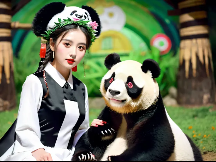 araffe with a flower crown and a woman in a black dress, panda panda panda, panda, cute panda, a cute giant panda, chinese artist, tian zi, chinese girl, with acient chinese clothes, ruan jia beautiful!, giant bear human hybrid, traditional chinese, chines...