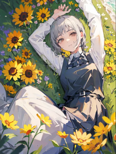 (top quality, best quality:1.2),(1girl:1.3), gray hair, yellw flower field, laying