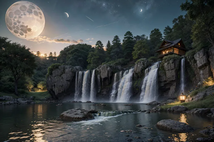 ake, arch, corner, rockerie, tree, flowing water, landscape, outdoors, waterfall, meadow, rock, stream, moon, night sky, night scene, hot spring, steam, magnificent composition, darkness, moonlight, high resolution detail, masterpiece, best quality, (high ...