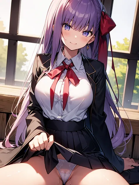 Hugob, nsfw, Purple hair, Long hair, Bangs, (Purple eyes:1.1), (medium breasts⁩:1.2),Blake Black Jacket, Black skirt, Collared shirt, Hair Ribbon, high waist skirt, Jacket, Long sleeves, Neck ribbon, Open your clothes, Open jacket, Pleated skirt, Red Ribbo...