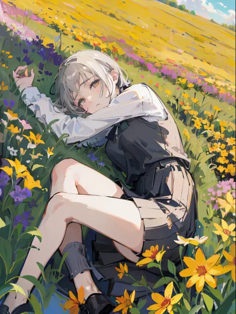 (top quality, best quality:1.2),(1girl:1.3), gray hair, yellw flower field, laying