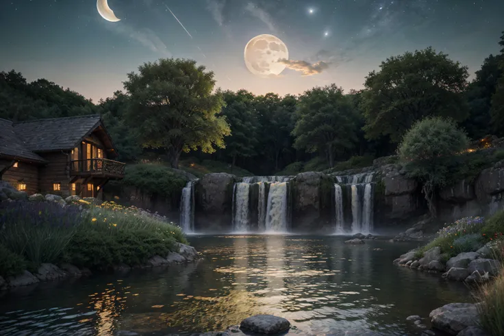 ake, arch, corner, rockerie, tree, flowing water, landscape, outdoors, waterfall, meadow, rock, stream, moon, night sky, night scene, hot spring, steam, magnificent composition, darkness, moonlight, high resolution detail, masterpiece, best quality, (high ...