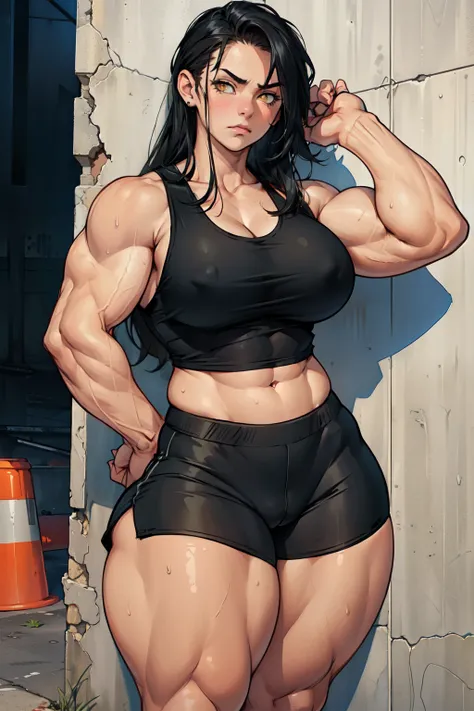 ((((((1girl)))))) ((((muscular)))) ((thick thighs huge breasts)) black hair yellow eyes solo angry pale skin sweaty concrete wall very long hair (tank top bike shorts) curvy wide hips bodybuilder