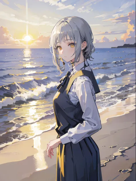 (top quality, best quality:1.2),(1girl:1.3), gray hair, yellow, sun, sea