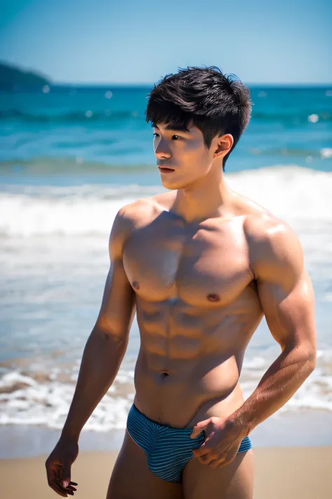 A handsome 20-year-old Japanese man，Toned body，Sharply defined，Be well-exercised，Protruding muscle striae，Full muscles，Healthy complexion，Confident posture，On the beach，full bodyesbian，gentlesoftlighting，tmasterpiece，best qualtiy，8K  UHD，digital DSLR camer...