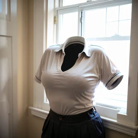 chubby, fat, (polo shirt), school uniform, classroom, high school, (Seductive pose, Emphasize the cleavage, Showcasing cleavage), (invisible:1.5, no humans:1.5, headless:1.5, faceless:1.5), (cute big breasts), (close-up shot of breasts), (8k, RAW photo, be...