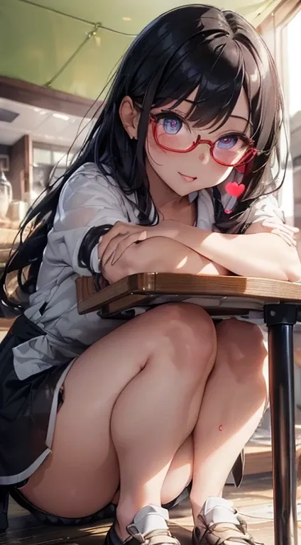 (1girl), (( squatting down on a table , spreading her legs open:1.8 )),　((a viewer is under the table, and look up her from below  :1.8)), (dripping milk and syrup:1.6), looking at viewer, Perfect style,super gigantic huge breast, super gigantic plump butt...