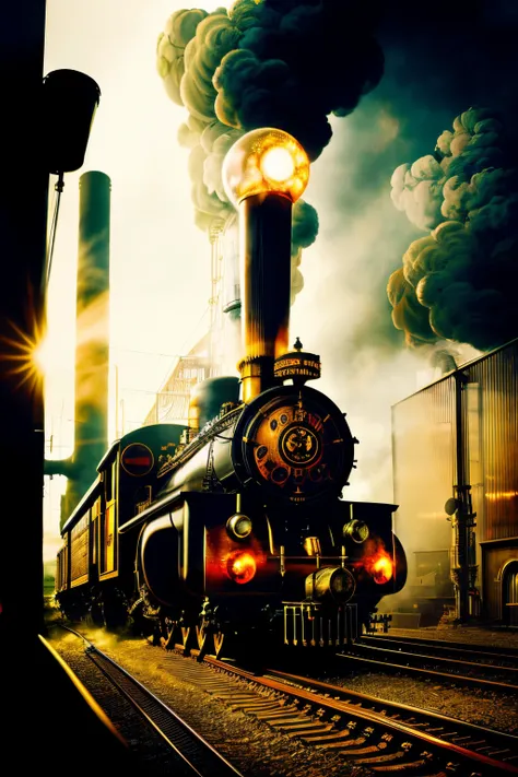 masterpiece, high resolution 
best quality, ultra detailed, photorealistic, 
train running in industrial area, steampunk, smoke ...