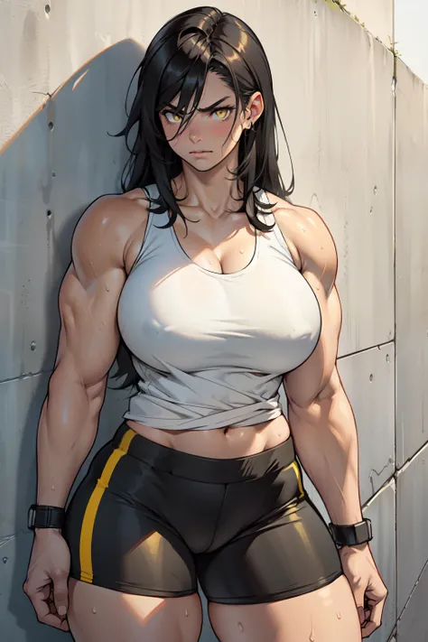 ((1girl)) ((muscular)) thick thighs huge breasts black hair yellow eyes solo angry pale skin sweaty concrete wall very long hair (tank top bike shorts) curvy wide hips bodybuilder