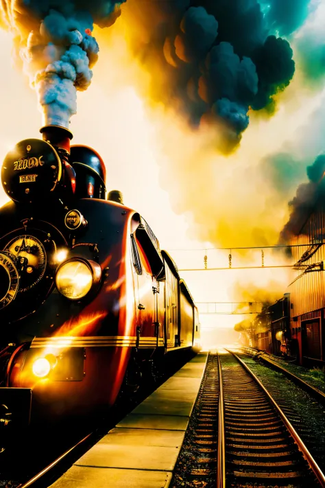 masterpiece, high resolution 
best quality, ultra detailed, photorealistic, 
train running in industrial area, steampunk, smoke and flame, 
an extremely delicate, 
depth of field, 
professional lighting,