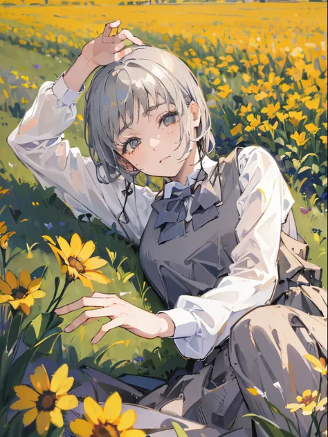 (top quality, best quality:1.2),(1girl:1.3), gray hair, yellw flower field, laying