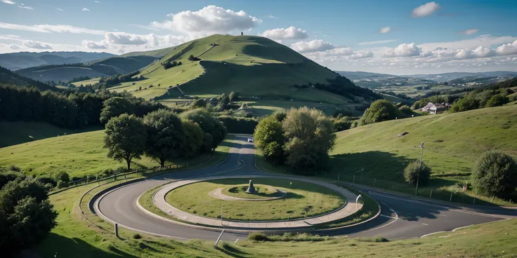 A image with a roundabout on the left and green hills on the right blended together really well