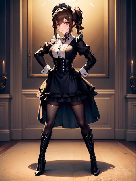 1girl, medium breasts, dress, mesh dress, side ponytail, short hair,  black dress, layered dress, ((light brown hair)), red eyes, ((((gloves)))), gothic lolita, mature female, ((pantyhose)), layered dress, ((maid)), ((((see-through)))),solo, (((hand on hip...