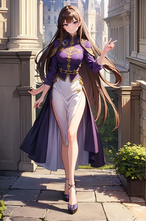 ((masterpiece)), ((best quality)), (ultra-detailed), ((extremely detailed)), 4K, (8K), best quality, (beautiful), walking, full body focus, castle, a pretty woman, solo, aristocratic costume, royalty, beautiful light brown hair, beautiful purple eyes, ((be...