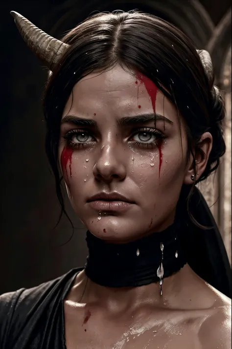 realistic epic, Woman crying with (goat horns 1. 2), sad look, deeply sad facial expression, red and swollen eyes, furrowed eyebrows, red nose, wet cheek, half-open mouth (blood tears 1. 2), (bloodstains on face 1. 4), (dark shot: 1. 4), black hair, beauti...